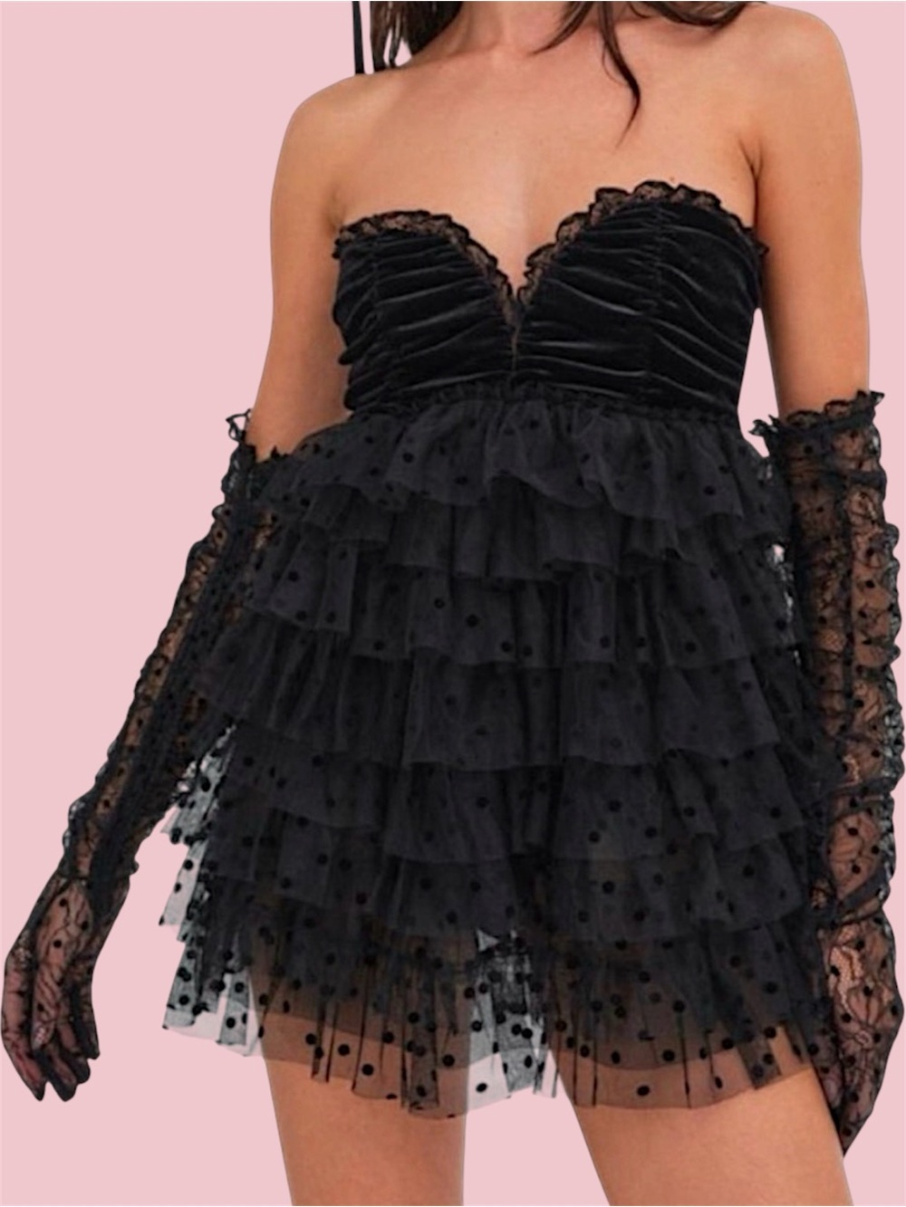 For Love And Lemons Jourdan Black Ruffle Polka Dot Mini Bodysuit Dress & Gloves